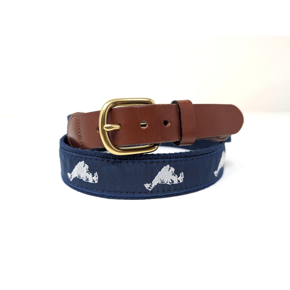 Leather Man Ltd Essex Ct Men's Belt Navy Canvas Brown Leather Mountains 36 Brass